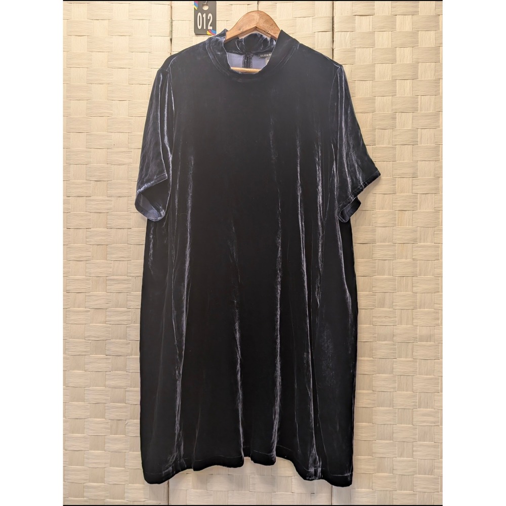 Eileen Fisher Navy Blue Silk Blend Velvet Mock Neck Back Tie Shift Dress XL - Picture 3 of 15